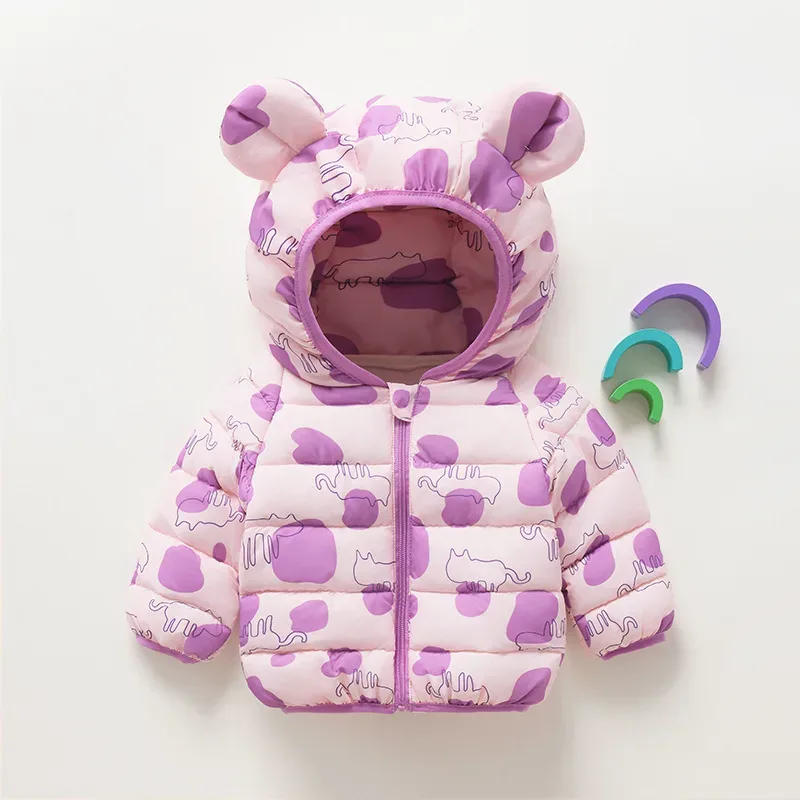Kids' Bear-Ear Hooded Print Jacket — Pink & Purple Spot, front