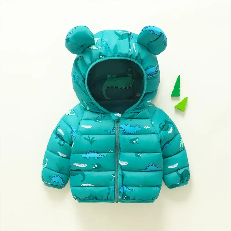 Kids' Bear-Ear Hooded Print Jacket — Green Dinosaur, front