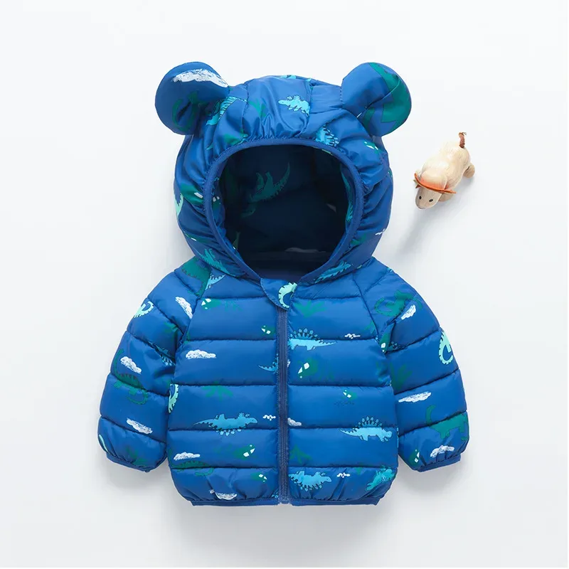 Kids' Bear-Ear Hooded Print Jacket — Navy Dinosaur, front