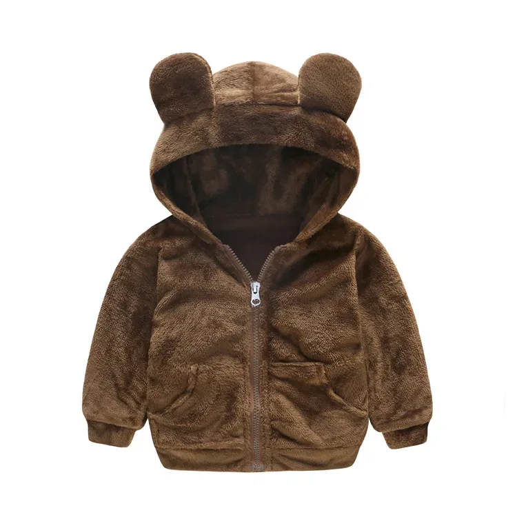 Kids' Bear-Ear Hooded Teddy Jacket — Brown — Brown, front view