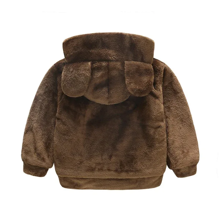 Kids' Bear-Ear Hooded Teddy Jacket — Brown — Brown, back view