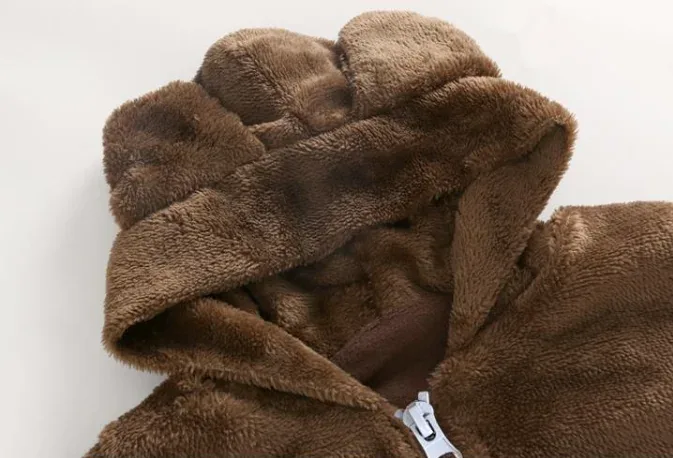 Kids' Bear-Ear Hooded Teddy Jacket — Brown — Brown, hood detail