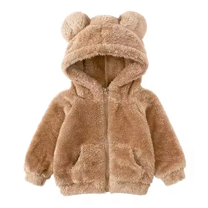 Kids' Bear-Ear Zip-Up Fleece Jacket — 5 Colourways — Khaki, front view