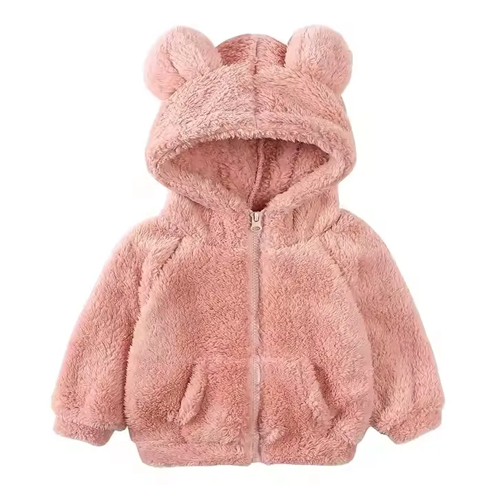 Kids' Bear-Ear Zip-Up Fleece Jacket — 5 Colourways — Pink, front view