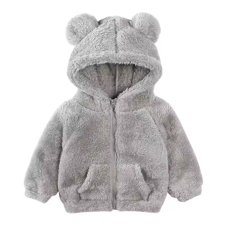 Kids' Bear-Ear Zip-Up Fleece Jacket — 5 Colourways — Gray, front view