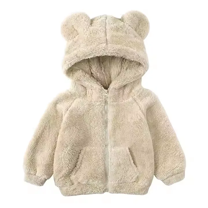 Kids' Bear-Ear Zip-Up Fleece Jacket — 5 Colourways — Beige, front view