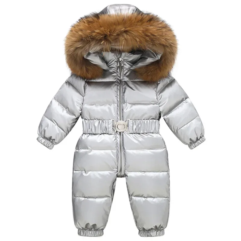 Kids' Belted One-Piece Ski Suit — Fur Hood — Silver, front