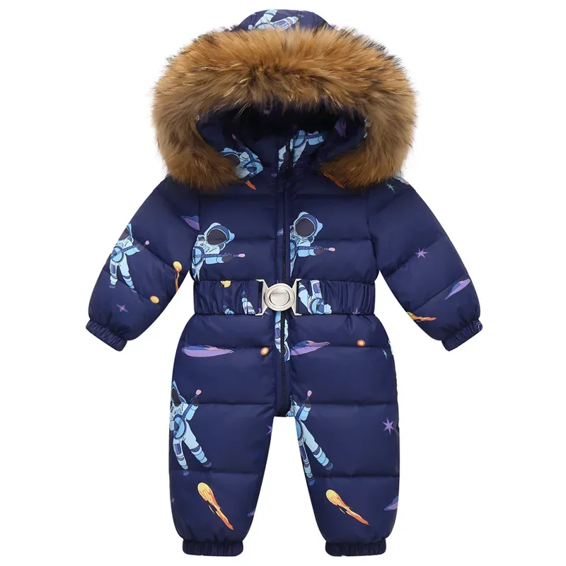 Kids' Belted One-Piece Ski Suit — Fur Hood — Navy Space Print, front