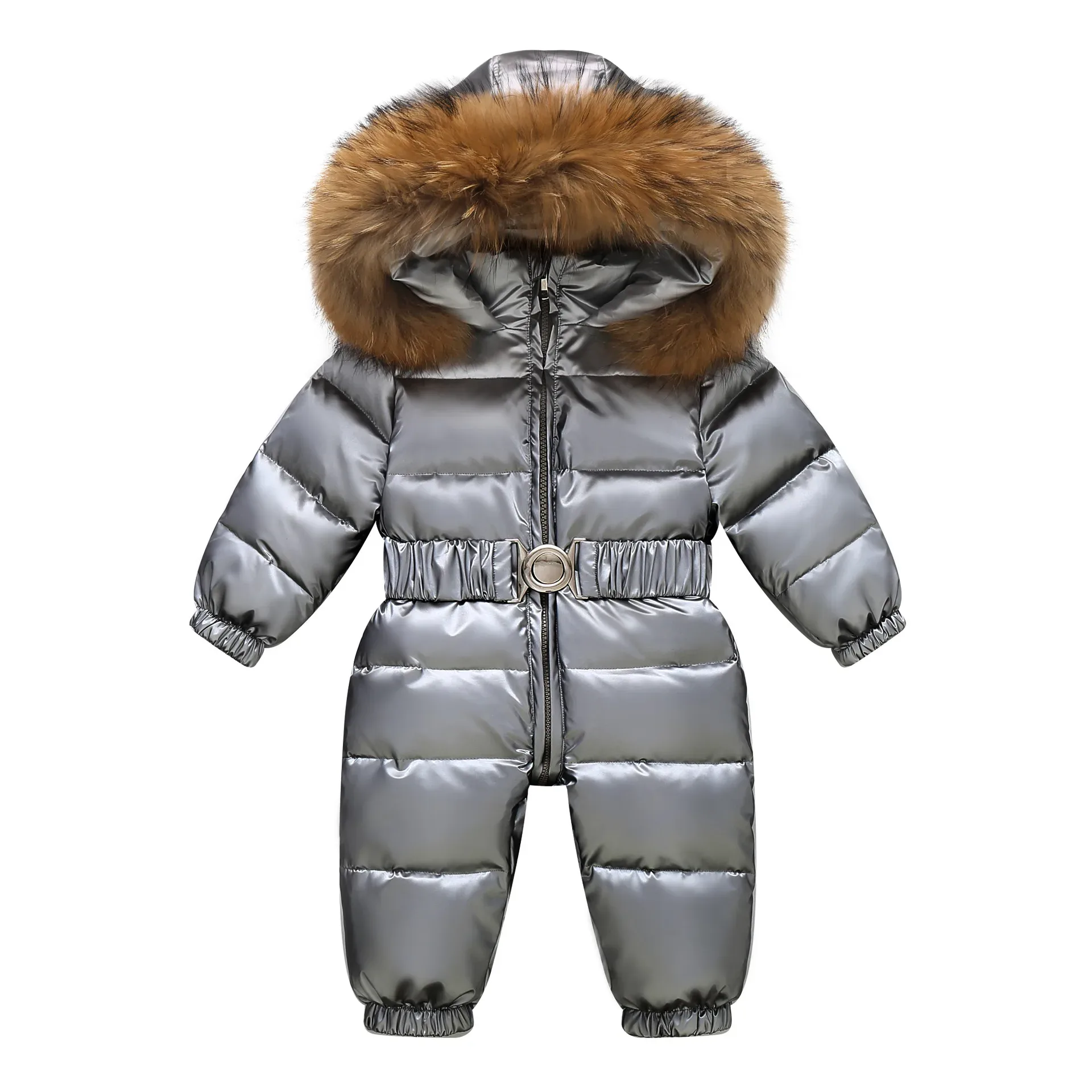 Kids' Belted One-Piece Ski Suit — Fur Hood — Grey, front