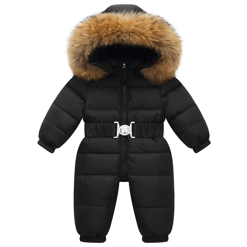 Kids' Belted One-Piece Ski Suit — Fur Hood — Black, front