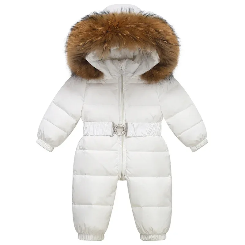 Kids' Belted One-Piece Ski Suit — Fur Hood — White, front