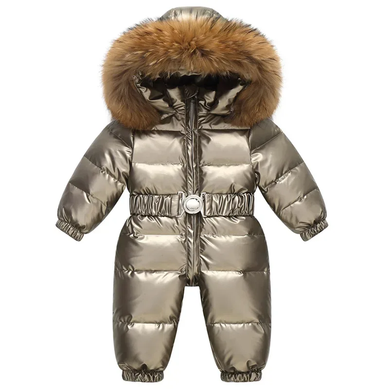 Kids' Belted One-Piece Ski Suit — Fur Hood — Gold, front