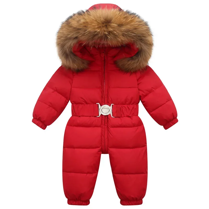 Kids' Belted One-Piece Ski Suit — Fur Hood — Red, front