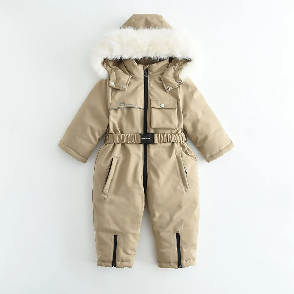Kids' belted one-piece ski suit — Khaki, front