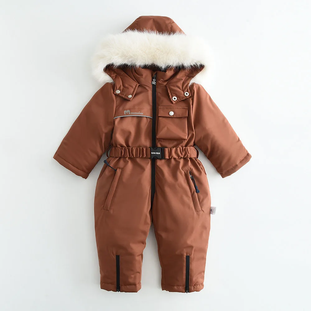 Kids' belted one-piece ski suit — Rust Orange, front