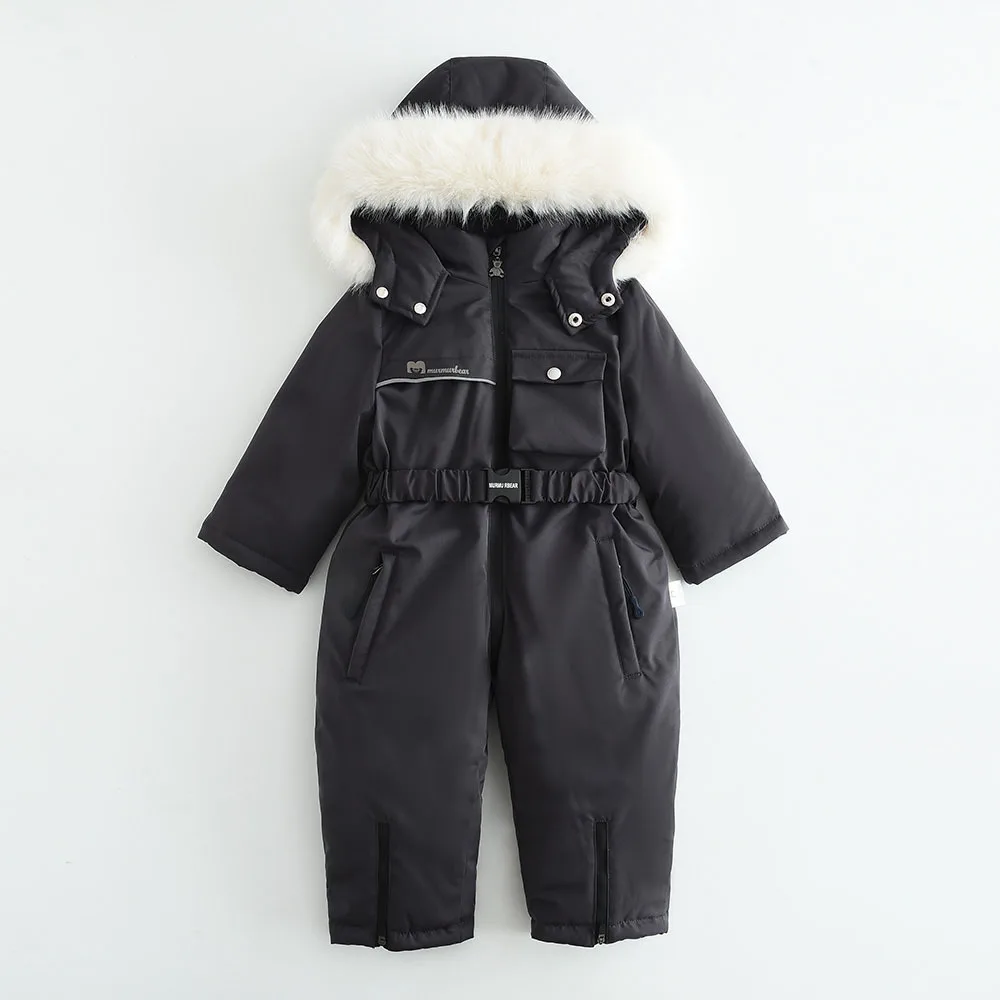 Kids' belted one-piece ski suit — Dark Gray, front