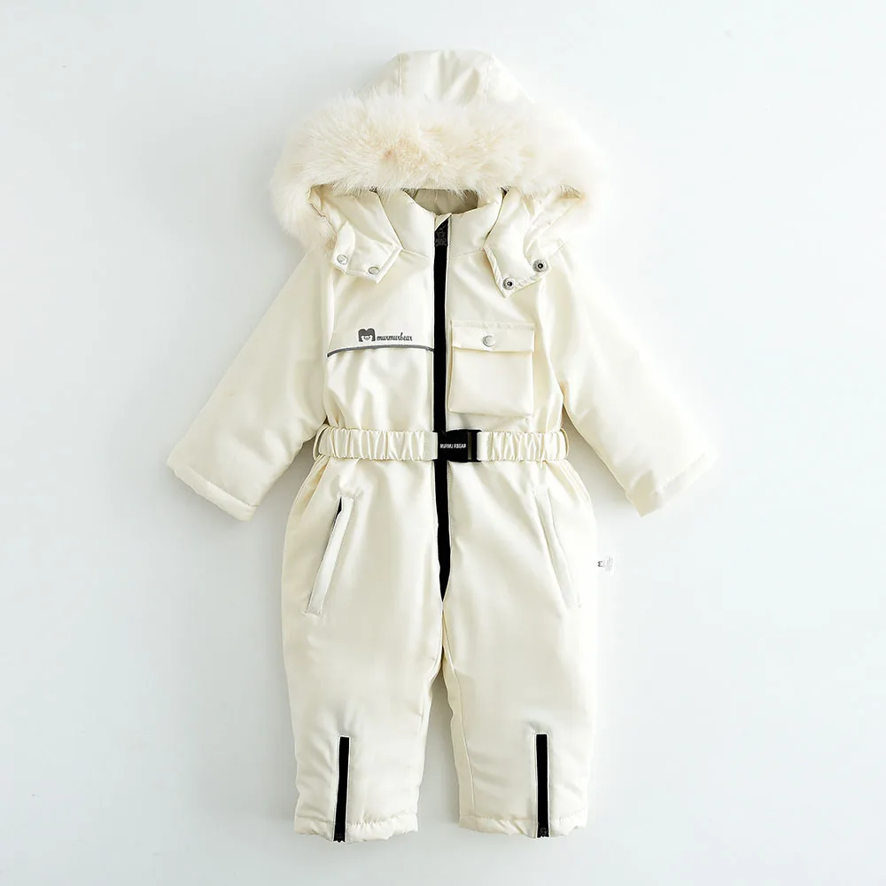 Kids' belted one-piece ski suit — White, front