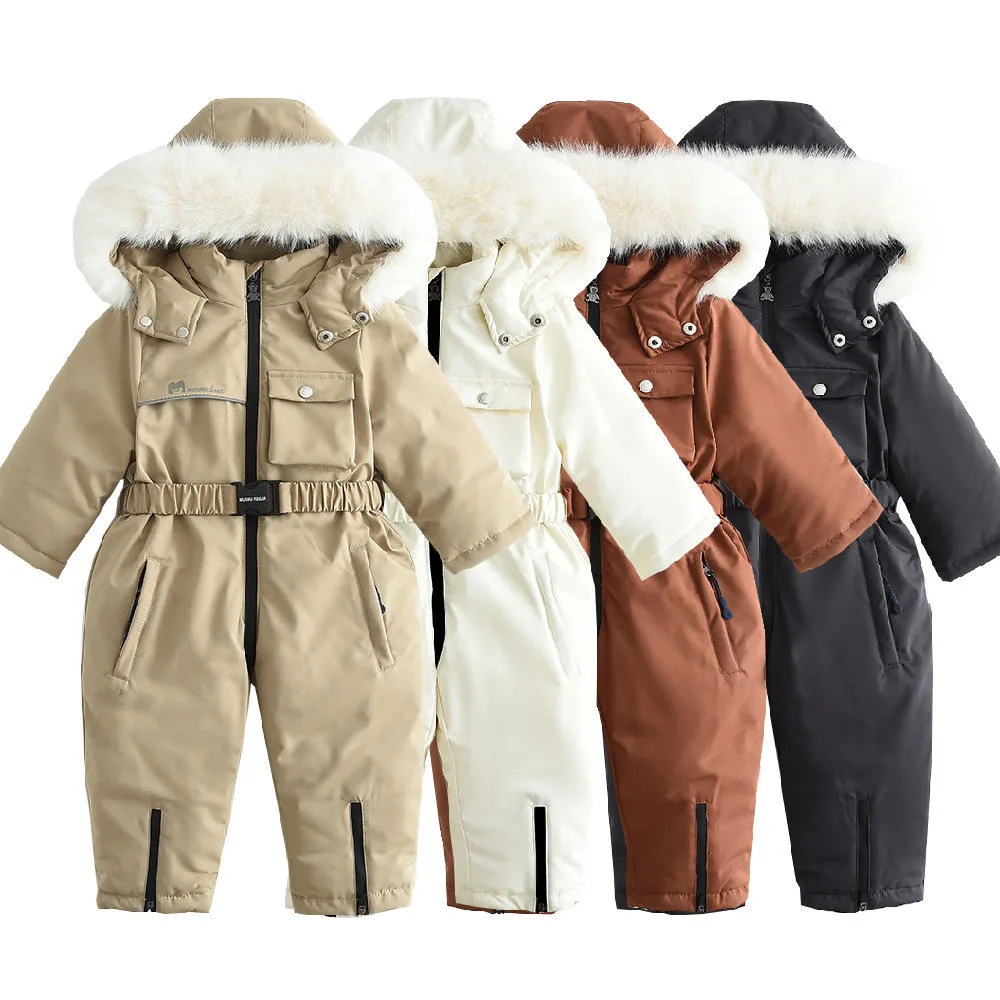 Kids' belted one-piece ski suit — Khaki, White, Rust Orange and Dark Gray colourways