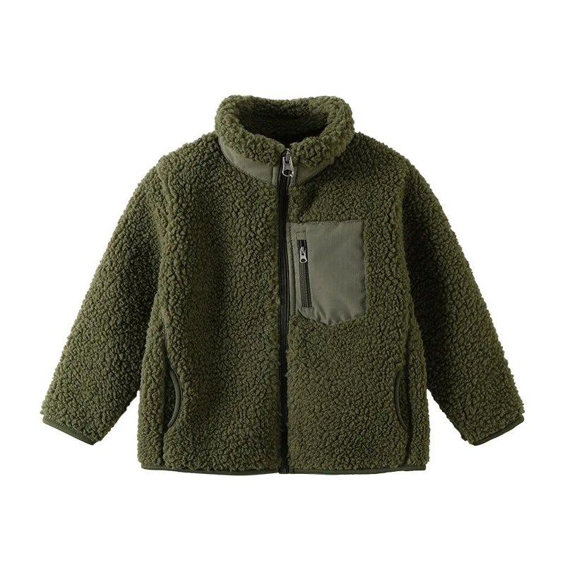 Kids' Boucle Sherpa Zip Jacket — 5 Colourways — Olive Green, front view