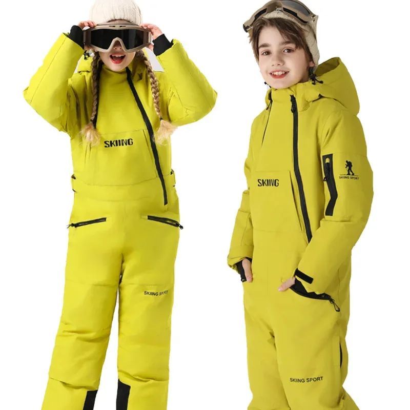 Kids' One-Piece Ski Suit — Bright Solids — Yellow, two views