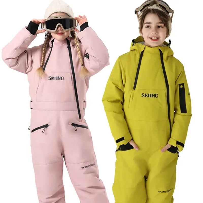 Kids' One-Piece Ski Suit — Bright Solids — Pink & Yellow, two colourways