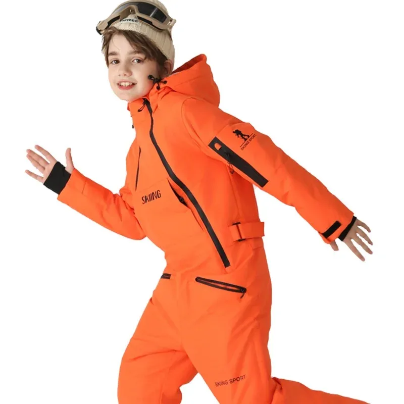 Kids' One-Piece Ski Suit — Bright Solids — Orange, worn