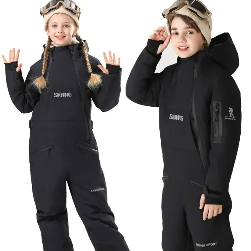 Kids' One-Piece Ski Suit — Bright Solids — Black, two views