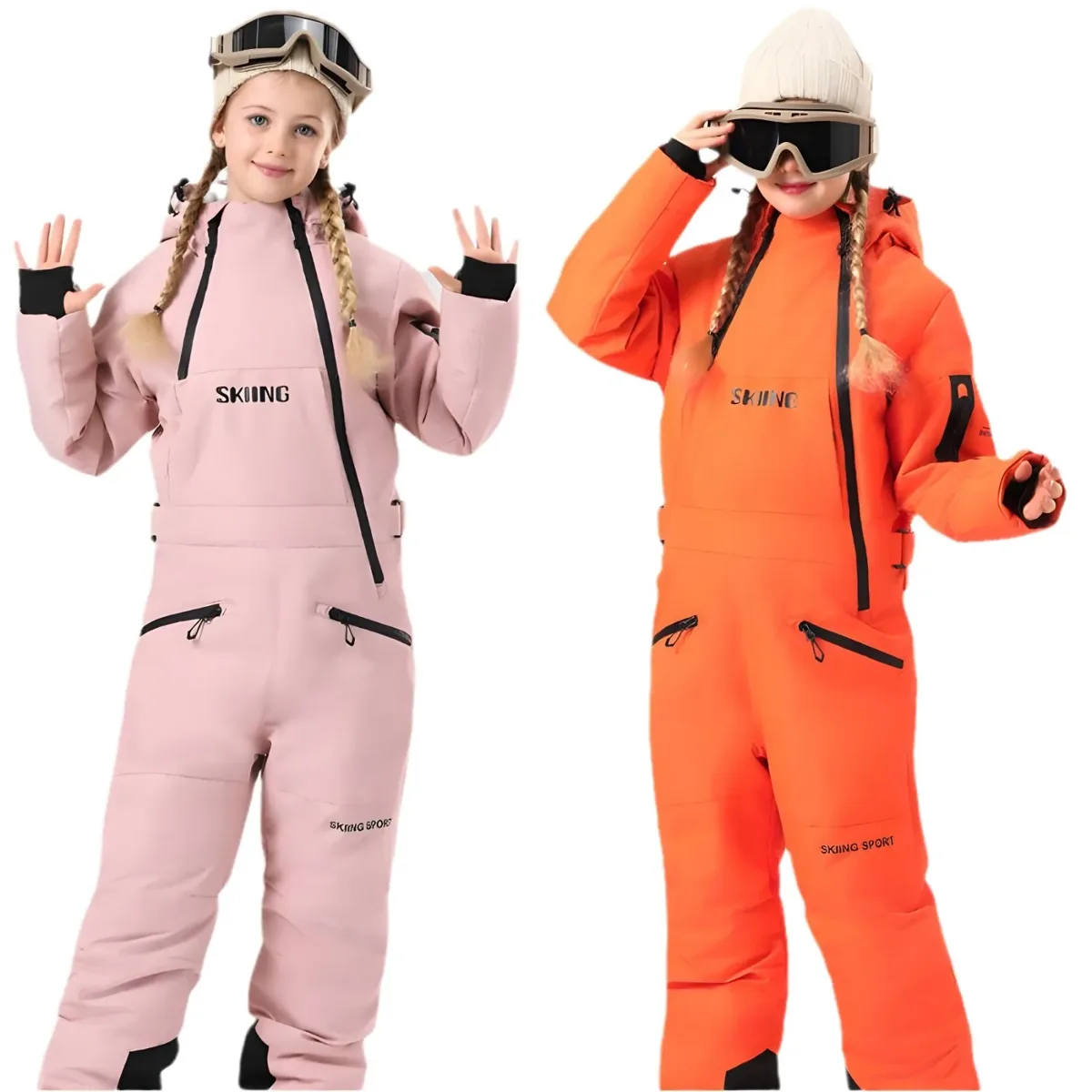 Kids' One-Piece Ski Suit — Bright Solids — Pink & Orange, two colourways