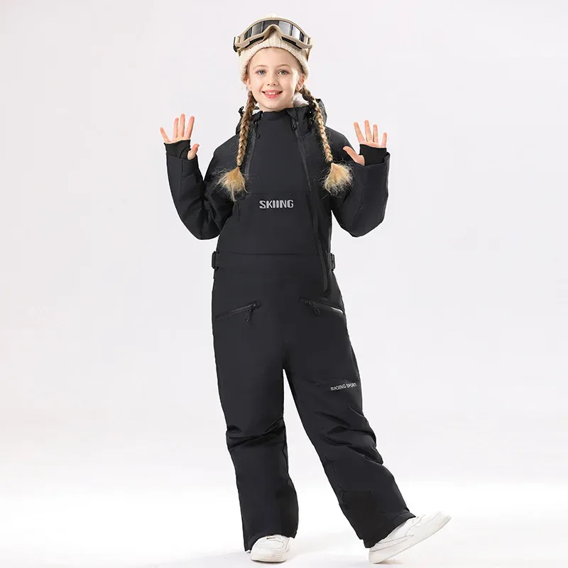 Kids' One-Piece Ski Suit — Bright Solids — Black, studio front