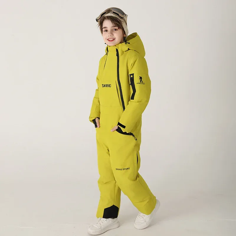 Kids' One-Piece Ski Suit — Bright Solids — Yellow, studio front