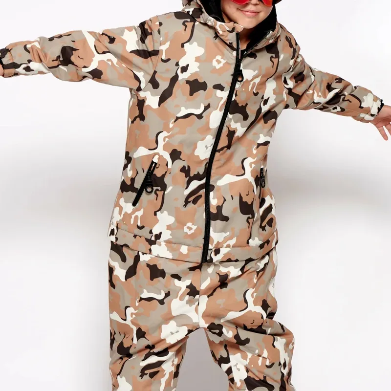Kids' Camo Two-Piece Ski Set — 1 Colourway — Desert Camo, worn front view, arms out
