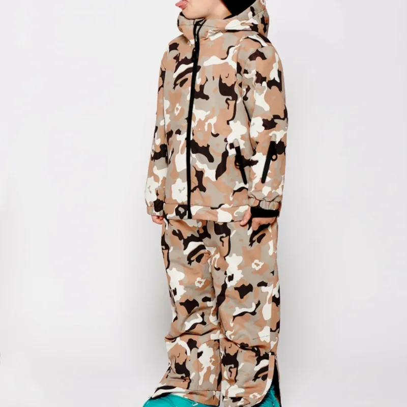 Kids' Camo Two-Piece Ski Set — 1 Colourway — Desert Camo, worn side view