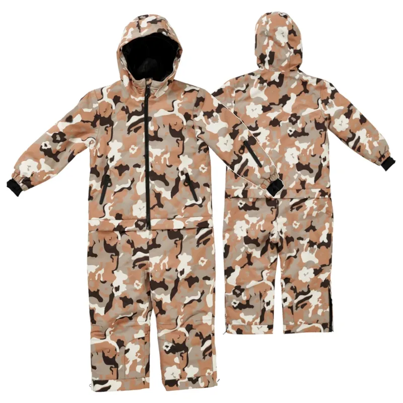 Kids' Camo Two-Piece Ski Set — 1 Colourway — Desert Camo, jacket flat front and back view