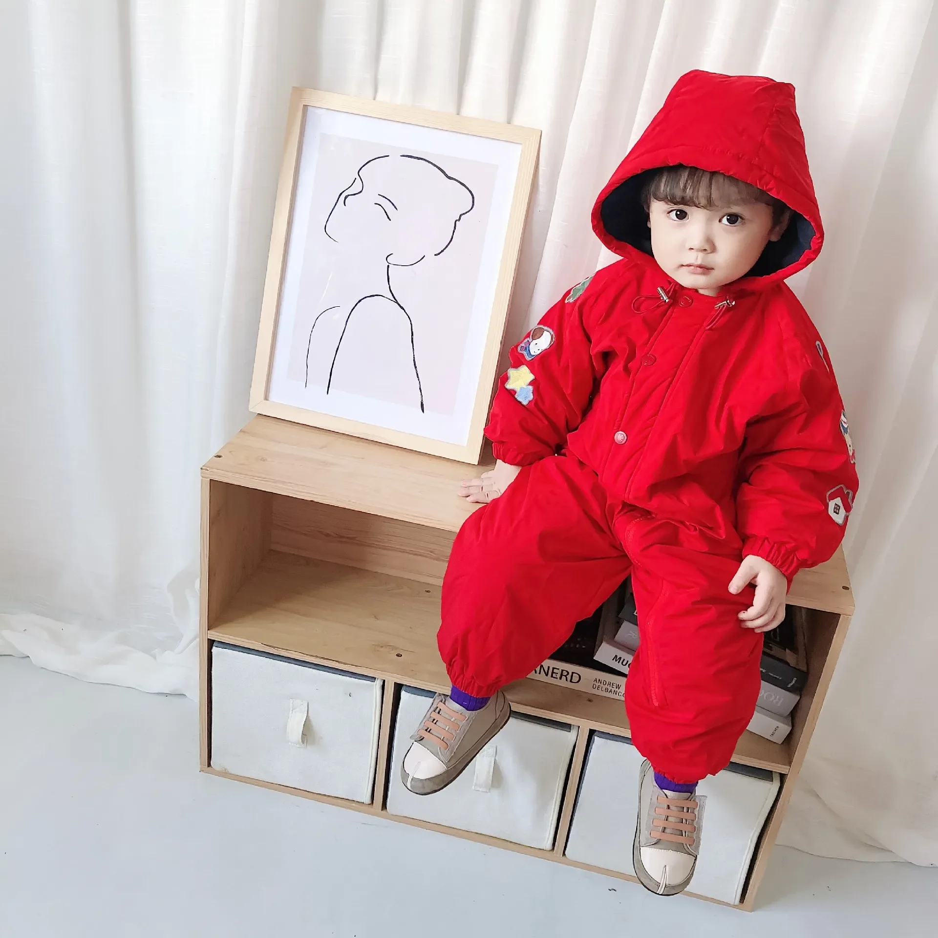 Kids' cotton-padded cartoon one-piece ski suit — Red, on model