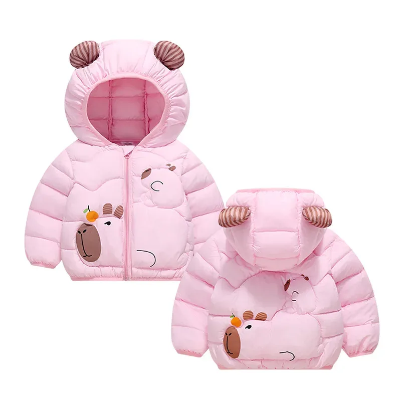 Kids' Cartoon Character Hooded Puffer Jacket — Capybara Pink, front and back pair
