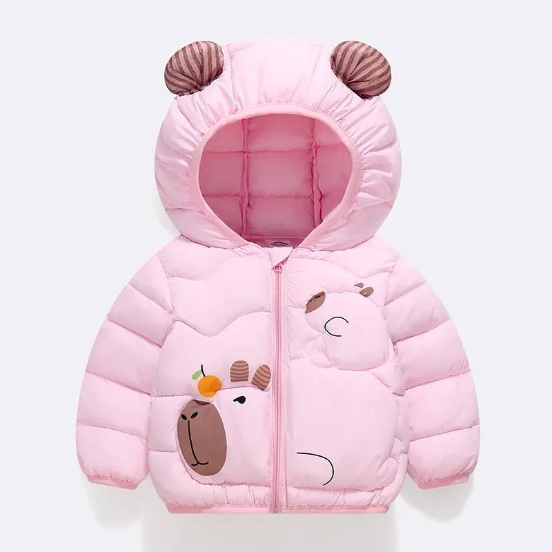 Kids' Cartoon Character Hooded Puffer Jacket — Capybara Pink, front