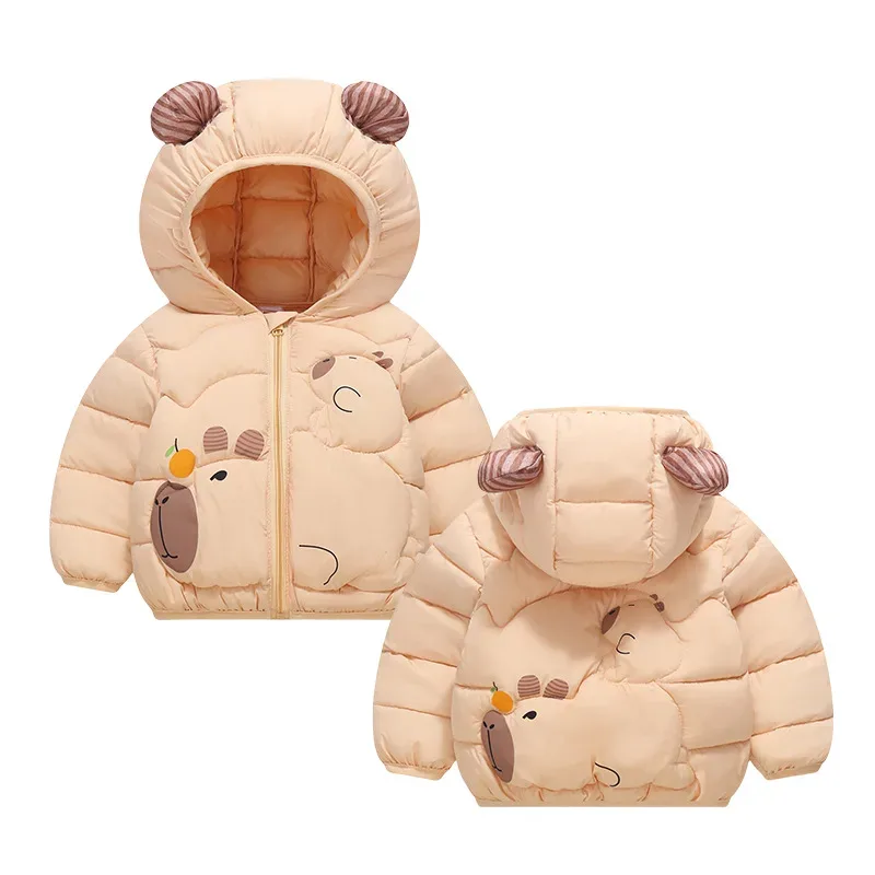 Kids' Cartoon Character Hooded Puffer Jacket — Capybara Apricot, front and back pair