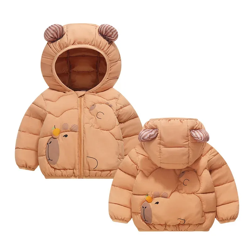Kids' Cartoon Character Hooded Puffer Jacket — Capybara Caramel, front and back pair