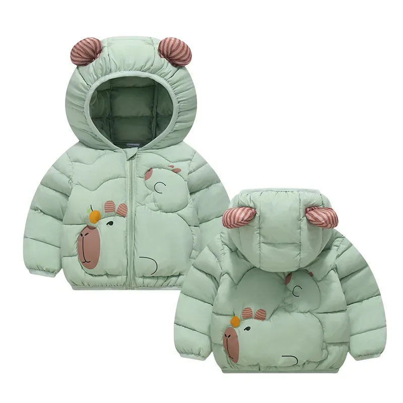 Kids' Cartoon Character Hooded Puffer Jacket — Capybara Mint Green, front and back pair