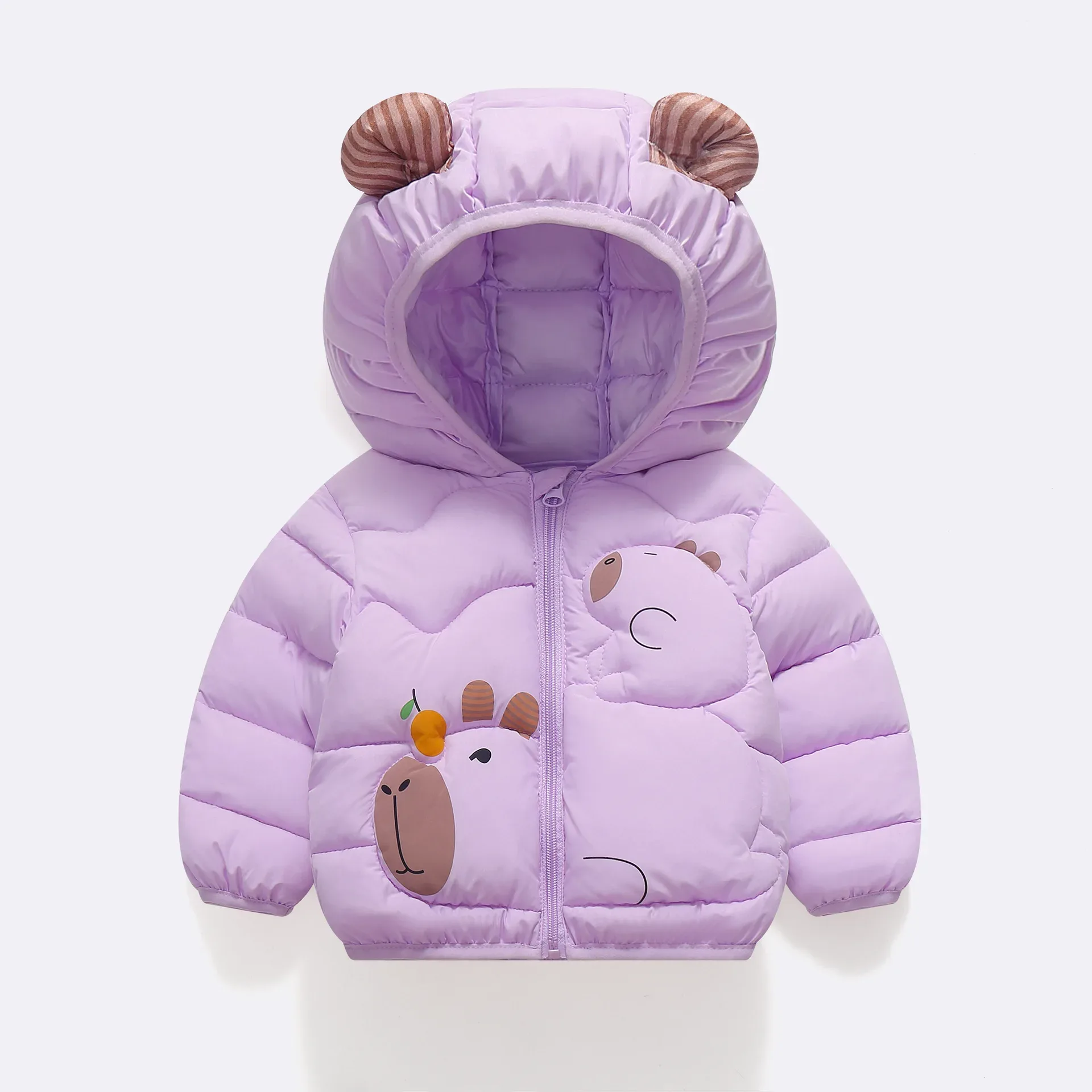 Kids' Cartoon Character Hooded Puffer Jacket — Capybara Purple, front