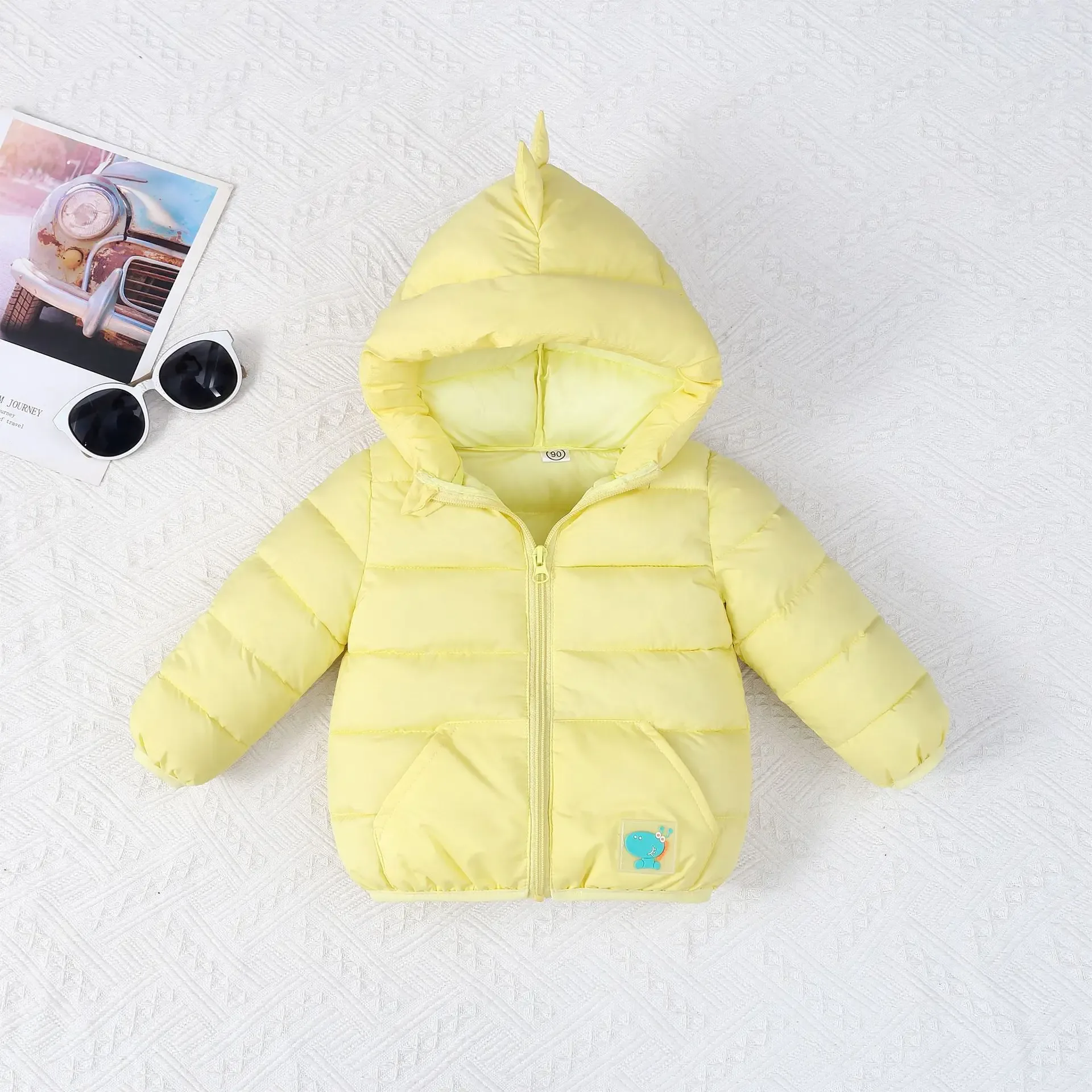 Kids' Cartoon Character Hooded Puffer Jacket — Dinosaur Yellow, front flat lay