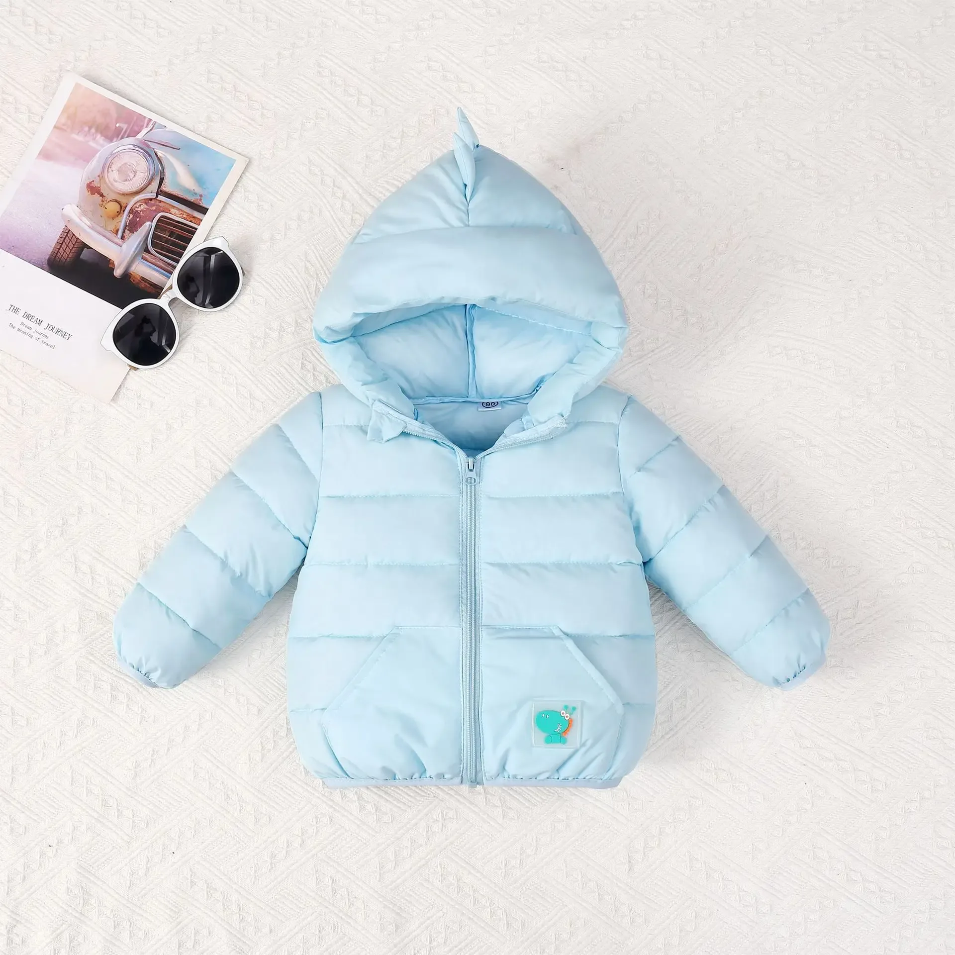 Kids' Cartoon Character Hooded Puffer Jacket — Dinosaur Light Blue, front flat lay