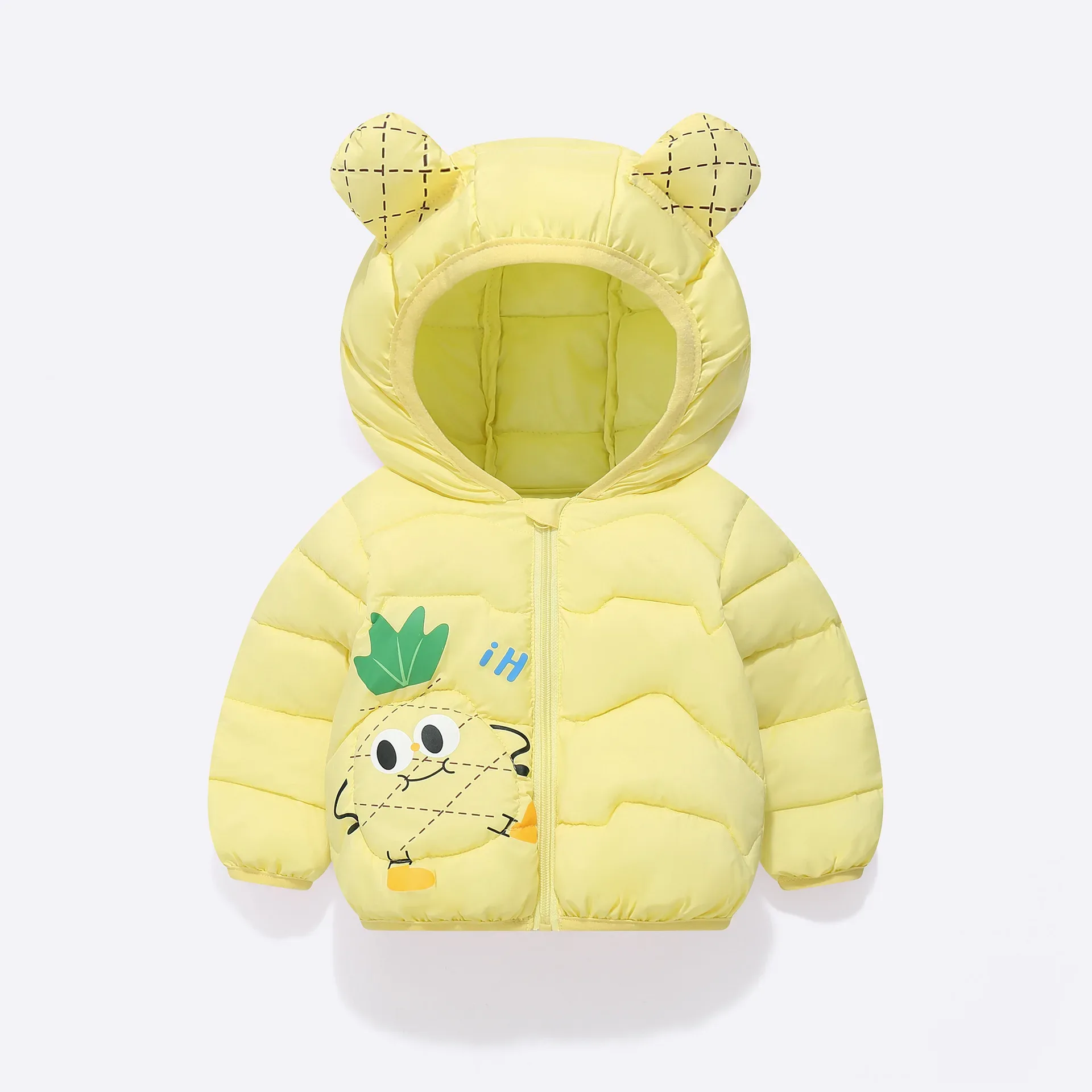 Kids' Cartoon Character Hooded Puffer Jacket — Pineapple Yellow, front
