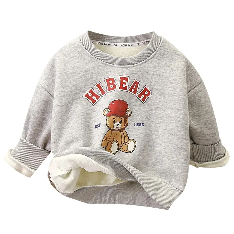 Kids' Bear-Print Fleece-Lined Sweatshirt — Grey, front view, lining folded up