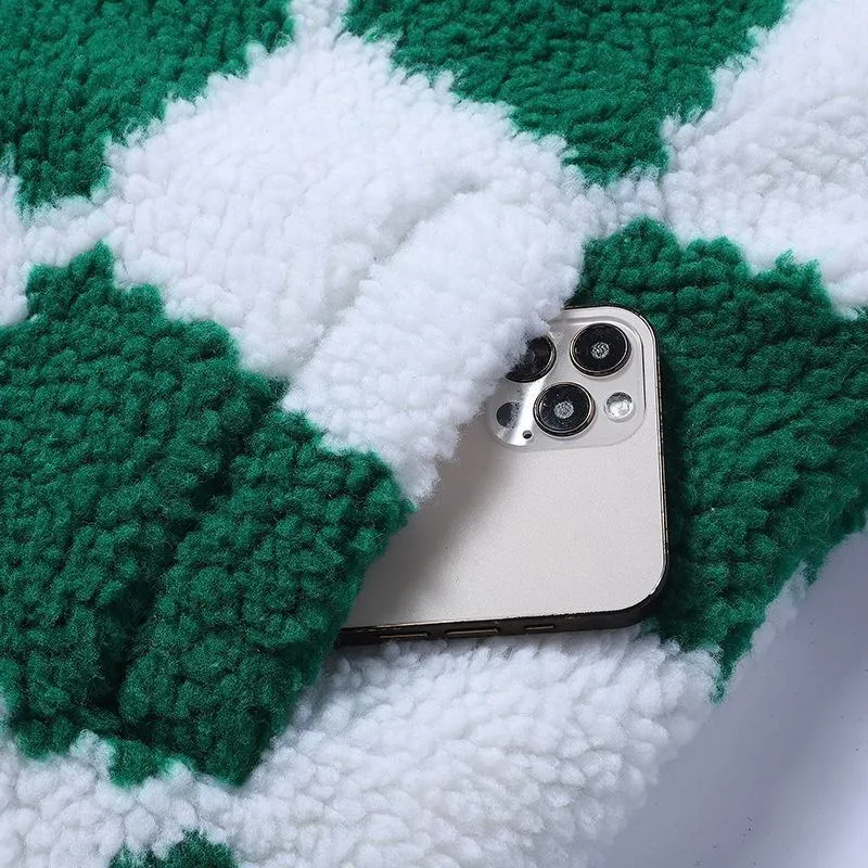 Kids' Checked Sherpa Jacket — Detail Photos — Green & White Check, pocket detail