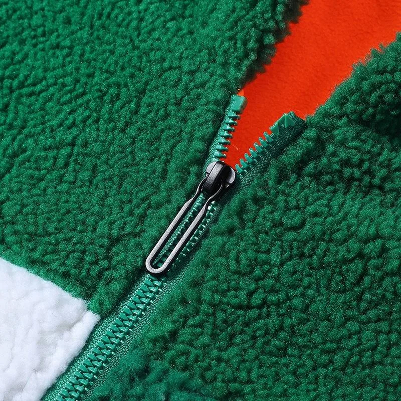 Kids' Checked Sherpa Jacket — Detail Photos — Green & White Check, zipper detail