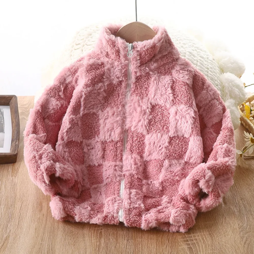 Kids' Checkerboard Plush Fleece Jacket — 6 Colourways — Pink, front view