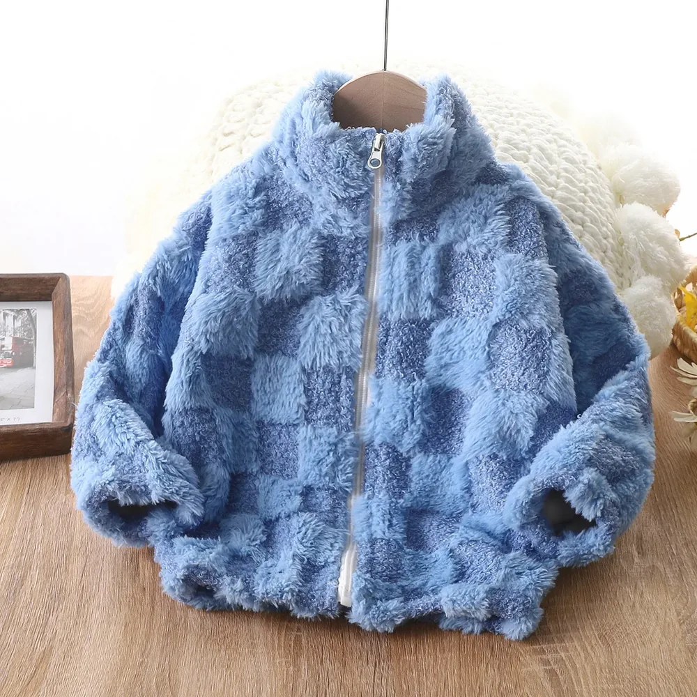Kids' Checkerboard Plush Fleece Jacket — 6 Colourways — Blue, front view