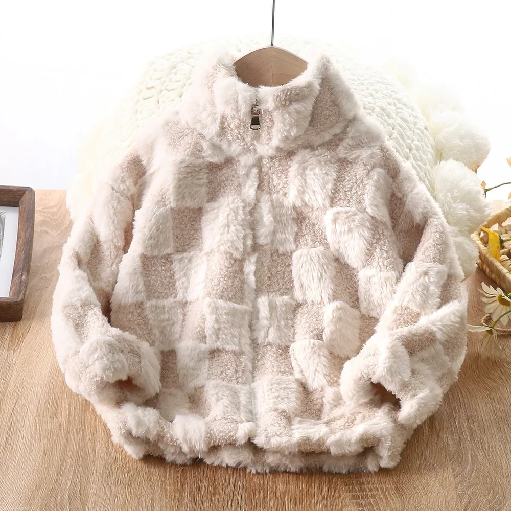 Kids' Checkerboard Plush Fleece Jacket — 6 Colourways — Cream, front view