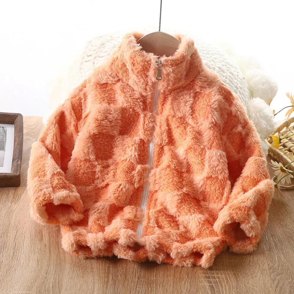 Kids' Checkerboard Plush Fleece Jacket — 6 Colourways — Orange, front view